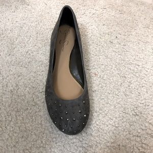 Size 10 Jessica Simpson charcoal gray suede studded flat. Worn once